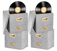 Aolawco Lot de 4 boîtes de rangement pliables pour disques vinyle de 30,5 cm, avec couvercle et poignées, peut contenir jusqu'à 100 disques simples, organiseur de disques vinyles pour albums, CD