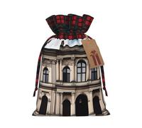 aOld Architecture Pochette en jute avec cordon de serrage en tissu écossais et étiquette en papier kraft, sac léger et durable
