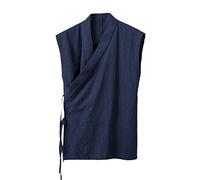 Aoleaky Vêtement Traditionnel Chinois Hanfu Gilet Hommes Lin Coton Haut sans Manches Hommes Tang Costume Kimono Cardigan Hommes Haut Fendu Navy Blue M