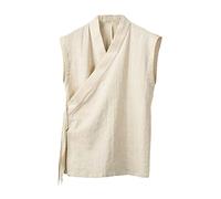 Aoleaky Vêtement Traditionnel Chinois Hanfu Gilet Hommes Lin Coton Haut sans Manches Hommes Tang Costume Kimono Cardigan Hommes Haut Fendu Khaki L
