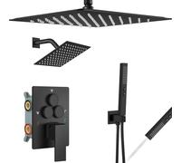 Aolemi Ensemble de robinet de douche à montage au plafond, valve brute et garniture de douche de 40,6 cm et 15,2 cm, double pommeau de douche 2 en 1, bouton poussoir inverseur, noir mat