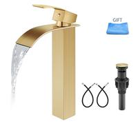 Aolemi Robinet d'évier en or brossé avec bec cascade - Robinet de salle de bain haut à poignée unique à 1 trou - Pour lavabo de camping-car - Montage sur pont avec bonde pop-up
