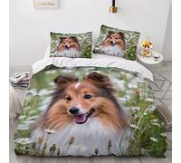 AOLIGL Parure de lit Chien, Chien De Berger Shetland Housse de Couette 200x200cm, Fleurs Pourpres Ensemble De Literie Animaux Domestiques Animaux Chien,Enfants Garçons Fille Adolescents Adultes