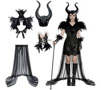 AOLIUP Deguisement Malefique Femme: Maléfique Costume Adulte - Méchante Reine Sorciere Gothique Robe avec Corne Plume Cape et Gant pour Halloween Carnaval Cosplay Tenue De Fête