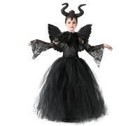 AOLIUP Deguisement Maléfique Fille Halloween: Maleficent Costume Enfants - Méchante Reine Sorciere Robe avec Diadème Cornu Ailes Noires Cape pour d'Halloween Carnaval Cosplay Tenue De Fête (M)