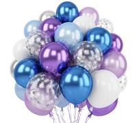 AOLOA Lot de 60 ballons bleus La Reine des Neiges en latex,30.5 cm,Violet métallisé,Bleu et blanc,Flocon de neige,Confettis argentés avec rubans, fête prénatale, pays des merveilles d'hiver