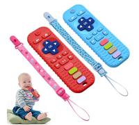 Aolso Anneau Dentition Bebe Silicone,2 PCS Telecommande Jouet Dentition Bébé avec 2 Attache-sucette,Ensemble Anneau de Dentition Doux sans BPA pour 0-12 Mois Bébés (Rouge/Bleu)