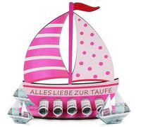 Aolso Cadeau Baptême en Bois à la Voile, Cadeaux en Bois en Forme D'Arche Noé, Bateau en bois avec base, DIY Cadeau en Argent de Baptême pour Garçon et Fille Baby Showers(Style rose）
