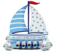 Aolso Cadeau Baptême en Bois à la Voile, Cadeaux en Bois en Forme D'Arche Noé, Bateau en bois avec base, DIY Cadeau en Argent de Baptême pour Garçon et Fille Baby Showers(Style bleu）