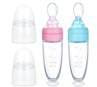Aolso Cuillère de distribution d'aliments en silicone, Mangeoire à fruits, Cuillère de distribution de nourriture, Biberon Aliments Squeeze Feeder (Bleu + Rose)