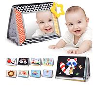 Aolso Montessori Jouets miroir pour bébés, miroir avec anneau de dentition, livre en tissu avec motif de contraste, jouets sensoriels