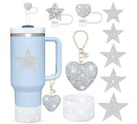 Aomaic Lot de 9 accessoires de tasse de 102,5 à 887,5 ml avec couvercle en paille en forme de cœur, pentacle à suspendre, manchon en silicone à paillettes et 5 autocollants étoile en strass pour