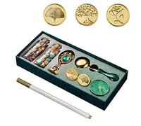 AOMAYLL Kit de sceau de cire pour lettres, cadeaux, 1 poignée en alliage de zinc, 3 tampons de tête en laiton, 1 cuillère à fondre, 1 bougie à thé, 2 bouteilles de perles de cire, 1 stylo doré