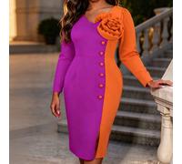 AOMEI Robe de soirée élégante et charmante pour femmes, à manches longues, avec blocs de couleurs, fleurs 3D, ajustée, design contrasté rose rouge & orange, automne L,M,S,XL,XXLCartoonTissu tricoté