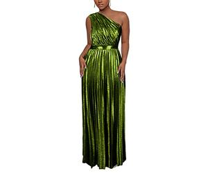 AOMEI Robe longue élégante plissée sans manches à une épaule métallique de luxe pour femme, Vert, XL