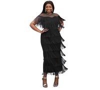 AOMEI Robe Longue en Maille Transparente à col Rond et Franges à Volants pour Femme, Noir, Taille 3XL