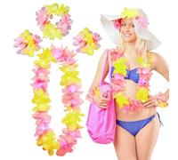Aomig Ensemble de Colliers de Fleurs Hawaïennes avec Bande Lumineuse LED, Trois Modes, Guirlande de Fleurs Hawaïennes, Collier, Bandeau et Bracelet, Décoration de Fête Hawaïenne et Tropical Plage
