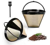 AOMIG Filtre à Café Réutilisable, 2pcs filtres dorés taille 4 avec brosse, filtre à café permanent avec poignée, Filtres à Café Style Cône panier en maille lavable pour Machines à Café