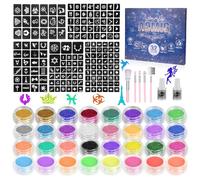 AOMIG Kit Tatouage Paillettes Enfant Filles, 32 Couleurs Tatouage Éphémère mit 172 Pochoirs 5 Brosse, Fluorescent Paillette pour Visage, Corps, Mascarade, Halloween, Fête, Noël, Cadeau