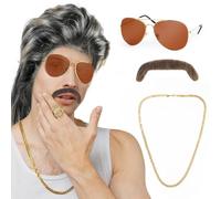 Aomig Perruque Mulet Homme Année 80-70, Perruque Longue Hippie avec Lunettes de Soleil, Collier Disco, Bague, Fausse Barbe pour Carnaval Cosplay Halloween Costume Party