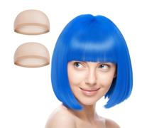 AOMIG Perruque Partyrama, 28cm bob court avec frange Unique, Perruque Coupe au Carré Classique avec Lunettes et bonnets de perruque pour le carnaval & motto-party, Bleu Clair