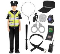 Aomig Police Deguisement Enfant, 11Pcs Policier Costume Courte avec Chapeau, Menottes, Talkies-Walkies, Bâton, Accessoires de Police, Costume Policier pour Garçon Halloween Cosplay Carnaval Party
