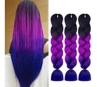 Aomig Rajout Cheveux Tresse 3PCS Jumbo Braid Meches Noir+Violet+Bleu Saphir | Rajout Meches Tresse Cheveux, Jumbo Braids Meches, 65cm Extension de Cheveux de Fibre Synthétique