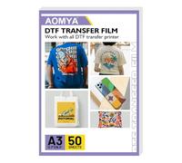 Aomya DTF Lot de 50 feuilles de papier de transfert thermique PET transparent mat double face pour imprimantes DTF et matériaux pour toutes les imprimantes DTF et matériaux, textile, polyester, coton,