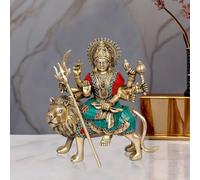 AONA Statue Maa Durga en laiton assise sur un lion Ma Sherwali Murti Devi pour la maison, le bureau, le salon, la boutique, cadeau Navratra Puja Multicolore Hauteur 22,9 cm