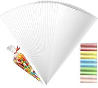 AONAT 100 pièces Sachets Transparents Bonbons Sacs Cellophane Cône Bonbons Friandises Pochette avec Ruban d'or pour Noël Mariage Partie Bonbons Fête Mariage Petit Cadeau, 30x16cm