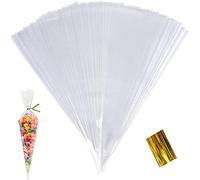 AONAT 100 pièces Sachets Transparents Bonbons Sacs Cellophane Cône Friandises Pochette avec Ruban d'or pour Noël Partie Fête Mariage Petit Cadeau, 25x13cm