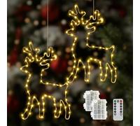 AONAT Décoration de Noël Lumineuse,Lot de 2 Rennes Lumineux LED avec Minuterie, 120 LEDs Blanc Chaud,8 Modes d’Éclairage,Guirlande Lumineuse Fenêtre à Piles pour Intérieur,Balcon,Fêtes