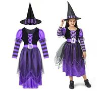 AONAT Deguisement Sorciere Fille,Costume Halloween Sorcière,Costume de sorcière pour enfant fille avec chapeau,Déguisement Halloween Fille Sorciere pour Halloween Carnaval Cosplay Party(L)