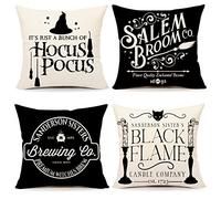 AONELAS TH118-18 Housses de Coussin décoratives d'halloween 18 x 18 cm Ensemble de 4 décorations d'halloween Hocus Pocus Maison de Ferme Saying Blanc Noir Coussin d'extérieur Housse de Coussin