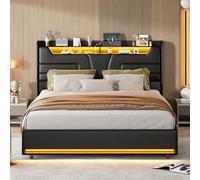 AONYAYBM Lit Double rembourré 140x200 hydraulique, lit Coffre 140x200 cm avec sommier LED et USB, liT 2 Personnes avec Rangement et Tete de Lit, LIt capitonné avec à Lattes, PU, Noir (sans Matelas)