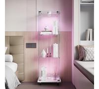 AONYAYBM Vitrine en Verre avec lumière LED et Serrure, Meuble Vitrine Salon, Armoire de Collection, Transparent Armoir de Verre avec 4 Roues, 40 x 35 x 123 cm, 1 Porte, 3 étages, Blanc