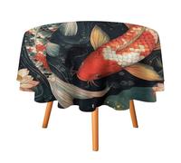 AOOEDM Nappe Ronde Rustique Japonaise Ukiyoe avec Motif de Poisson, 152 cm, pour Table de Cuisine ou Salle à Manger, Nappe Ronde Moderne avec Motif de Poisson, Fleurs, Feuilles Vertes et Lotus