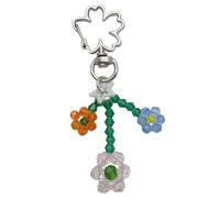 AOOOWER Porte-clés en forme de fleur tissée avec pendentif délicat en alliage pour la nature, A8.2cm B10CM C9.5cm, Perles de riz + alliage, Pas de gemme