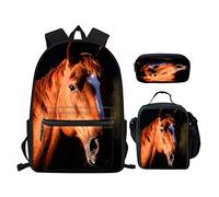 Aoopistc Lot de 3 sacs à dos d'école pour enfants filles garçons grand sac à bandoulière avec boîte à déjeuner et trousse à crayons, Crazy Horse, Taille unique, Réglable, boîte