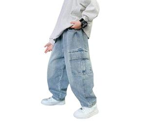 AOOPOO Baggy Jeans pour Garçons Pantalons Cargo en Denim avec Poches Pantalons Jean à Taille Élastique pour Printemps et Automne Large Décontracté Hip Hop Y2K Streetwear 3-15 Ans