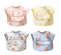 AOOPOO Bavoir Etanche à Manchs Courtes, Lot de 4 Tablier Bavoir Bébé avec Poche, Tablier d'Alimentation de Jeu, de Peinture, Bavoir Imperméable Unisexe pour Bébé Enfant 0-5 Ans