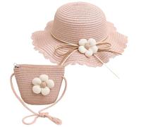 AOOPOO Chapeaux de Paille Filles et Petit Sac Ensemble avec Décoration Florale Chapeau de Soleil d'été Enfant pour Plage Voyage Randonée 2-7 Ans