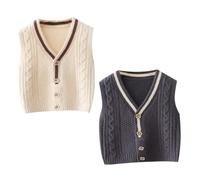 AOOPOO Lot de 2 Bébé Fille Garcon Tricoté Pull Gilet sans Manches Col V Enfant Tricot Débardeur Manteau Jacquard avec Boutons Tout-Petit Cardigan Pull-Over sans Manches pour Bébé Enfant 6 Mois-4 Ans