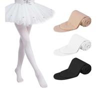 AOOPOO Lot de 3 Collant de Danse Classique Fille, Collant de Ballet Enfant, Collants de Danse Fille avec Pied, Collants de Ballet Danse Opaques Unis pour Fille Femme 1-14 Ans, Blanc/Noir/Beige