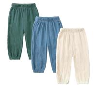 AOOPOO Lot de 3 Pantalon Bloomers Été pour Bébé Pantalon en Coton Lin Pantalon Bouffant à Couleur Unie Pantalons de Survêtement Harem Été Pantalon Long Décontracté Jogging pour Garçon Fille 1-8 Ans