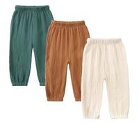 AOOPOO Lot de 3 Pantalon Bloomers Été pour Bébé Pantalon en Coton Lin Pantalon Bouffant à Couleur Unie Pantalons de Survêtement Harem Été Pantalon Long Décontracté Jogging pour Garçon Fille 1-8 Ans