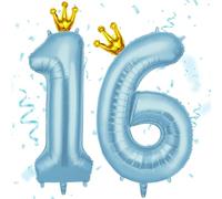 AOOSU Ballon d'Anniversaire 16 Ans Couronne Bleue, Foil Ballon Numéro Chiffre 101cm, Gonflable Hélium, Deco Anniversaire 16 Ans Grand Ballons pour Fête Party Mariage