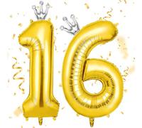 AOOSU Ballon d'Anniversaire 16 Ans Couronne Or, Foil Ballon Numéro Chiffre 101cm, Gonflable Hélium, Deco Anniversaire 16 Ans Grand Ballons pour Fête Party Mariage