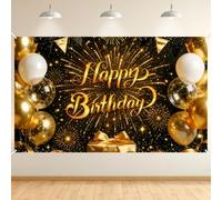 AOOSU Bannière Joyeux Anniversaire, 180x110cm Banderole Joyeux Anniversaire Toile De Fond, Bannière d'anniversaires Happy Birthday Decoration de Fête pour Hommes Femmes (Or Noir)