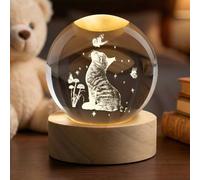 AOOTE Boule de cristal 3D Chat, boule décorative en verre avec socle en bois et lumière, interface USB avec interrupteur, ornementpour la décoration intérieure,cadeau d'anniversaire
